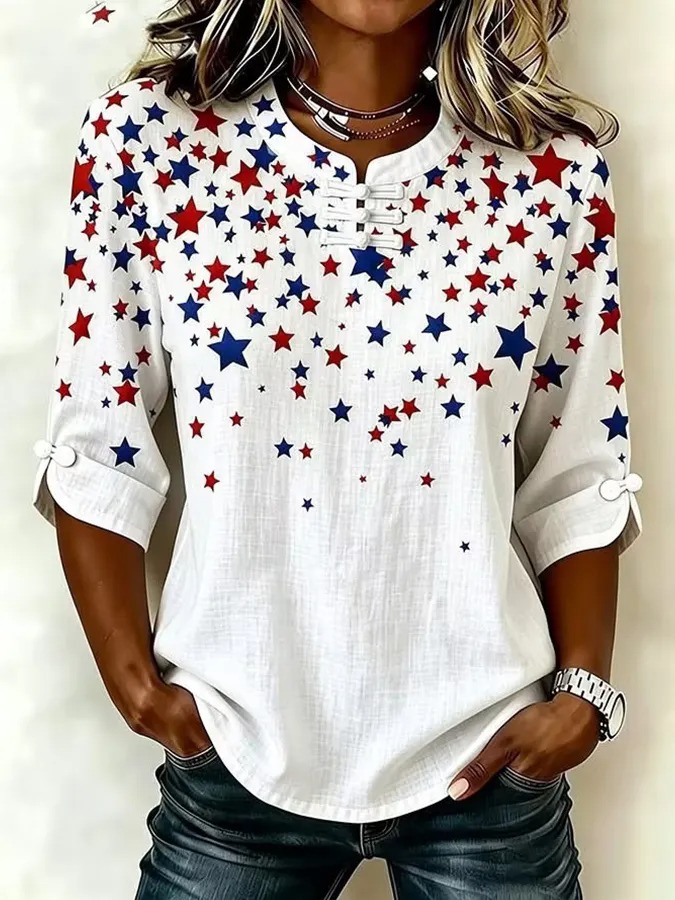Women's Floral American Flag Ruffle-Sleeve Blouse