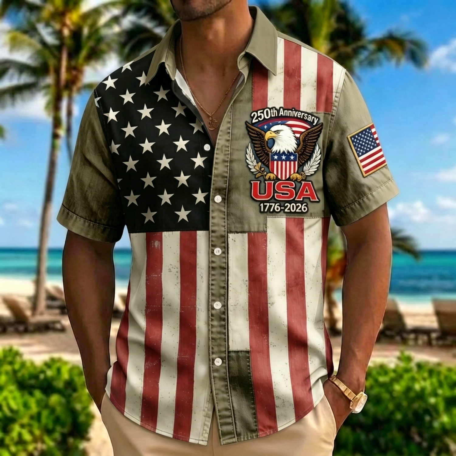 Retro Star & Stripe USA Eagle Hawaiian Shirt – Distressed Denim Flag Design with 1776-2026 Patch, Beach Vacation Top