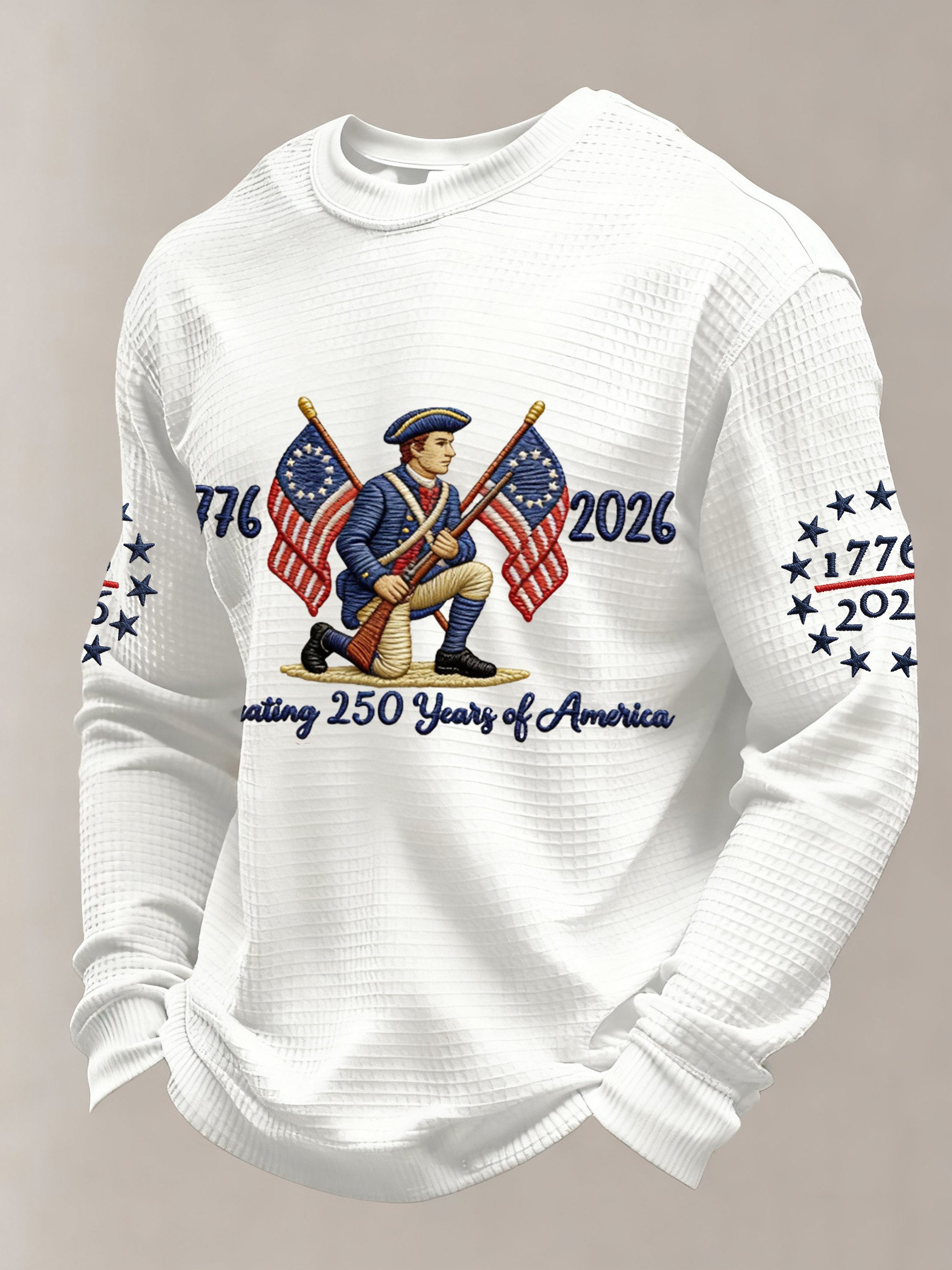 Men’s USA 250th Anniversary Waffle Knit Sweatshirt – 1776-2026 Patriotic Embroidered Pullover