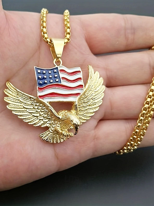 American Flag Eagle Pendant Necklace – Gold/Silver Plated Patriotic Jewelry, USA Pride Waving Flag & Bald Eagle