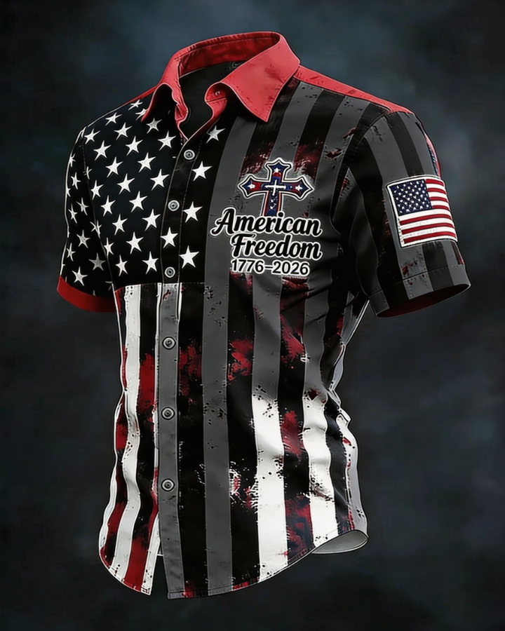 American Freedom 1776-2026 Button-Down Shirt – Distressed American Flag Print with Patriotic Cross, Short Sleeve Casual Top