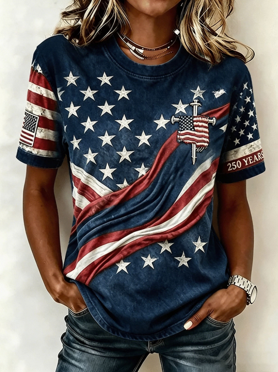 USA Flag Star Print 250th Anniversary Casual Denim-Style T-Shirt