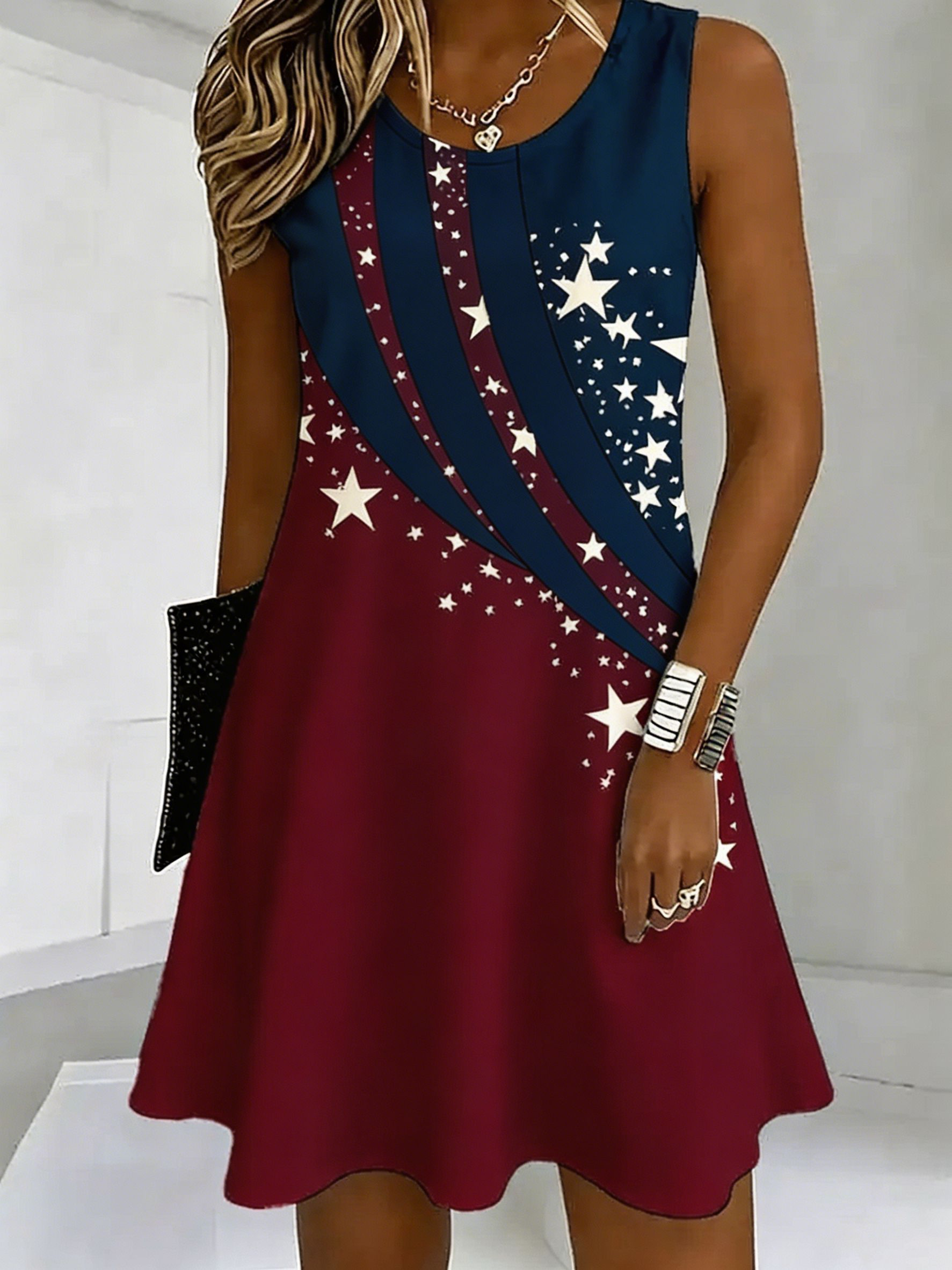 USA Flag Inspired Star Print Sleeveless Summer Casual Dress