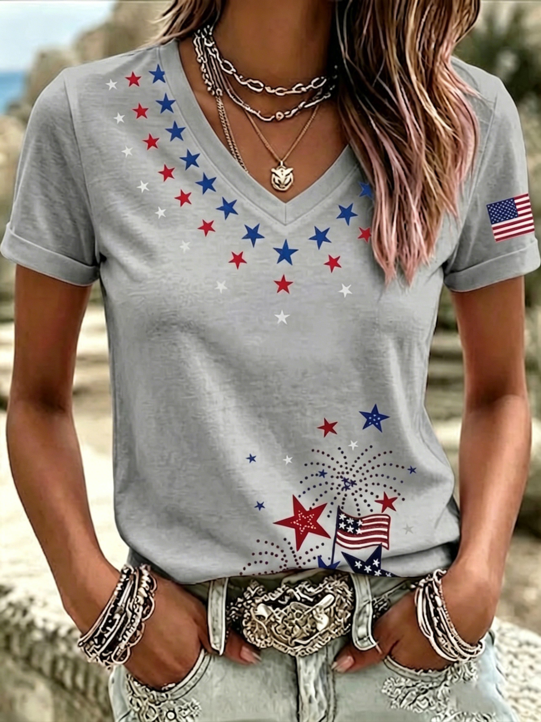 Women's 4th of July Star Fireworks American Flag V Neck T-Shirt, Patriotic USA Independence Day Short Sleeve Casual Tee