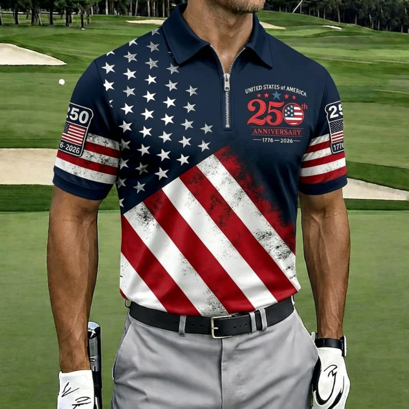 USA 250th Anniversary Vintage Flag Print Short Sleeve Golf Polo Shirt