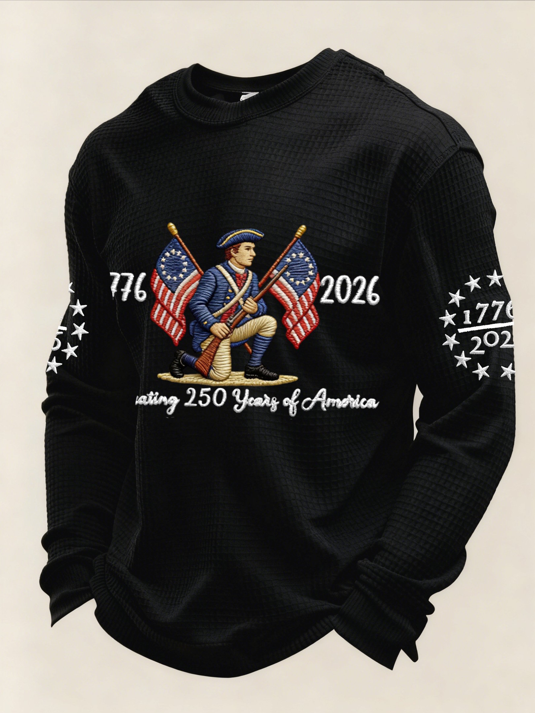 Men’s USA 250th Anniversary Waffle Knit Sweatshirt – 1776-2026 Patriotic Embroidered Pullover