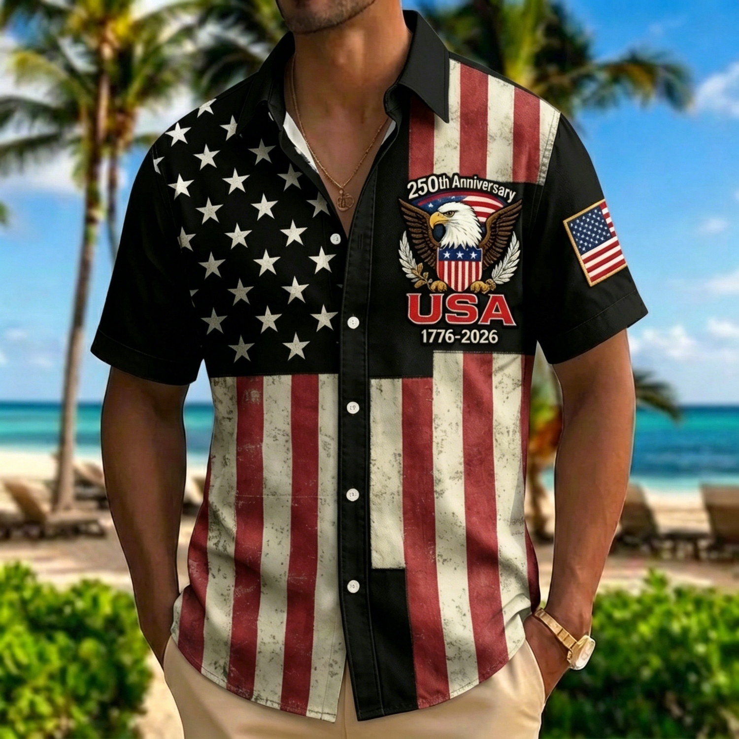 Retro Star & Stripe USA Eagle Hawaiian Shirt – Distressed Denim Flag Design with 1776-2026 Patch, Beach Vacation Top