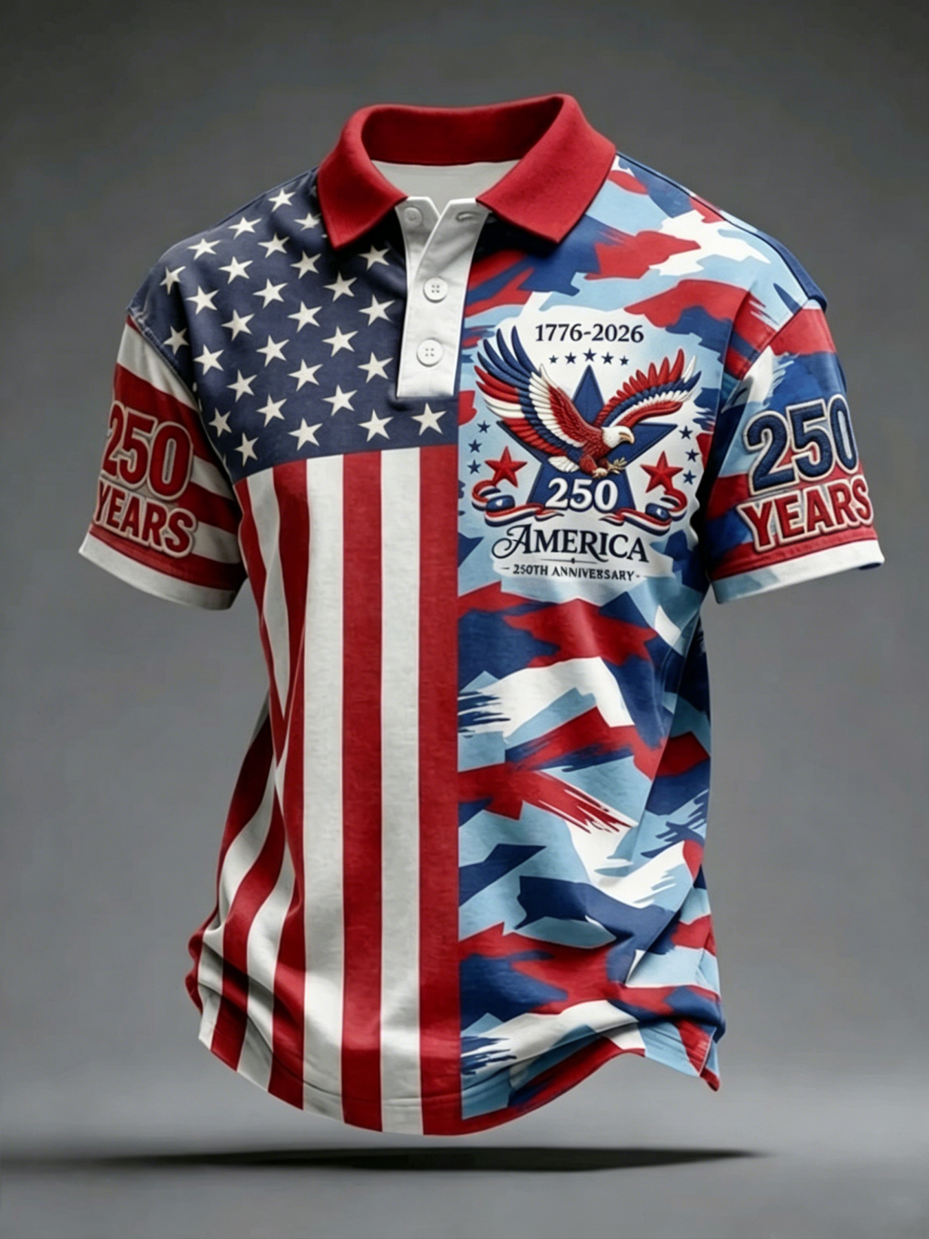USA 250th Anniversary Camo & Flag Golf Polo Shirt – Split Design American Eagle Print, Patriotic Quick Dry Short Sleeve Casual Top
