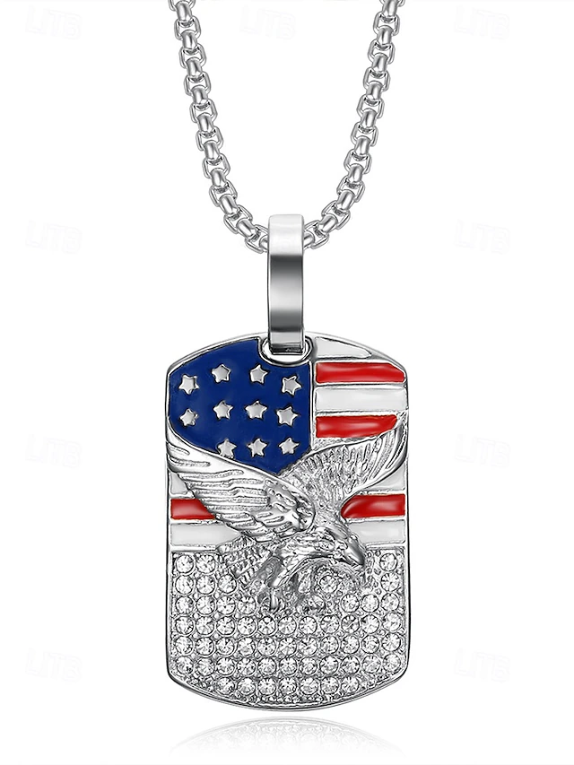 American Flag Eagle Dog Tag Necklace – Gold Plated Patriotic Pendant with Crystal Accents, USA Pride Jewelry