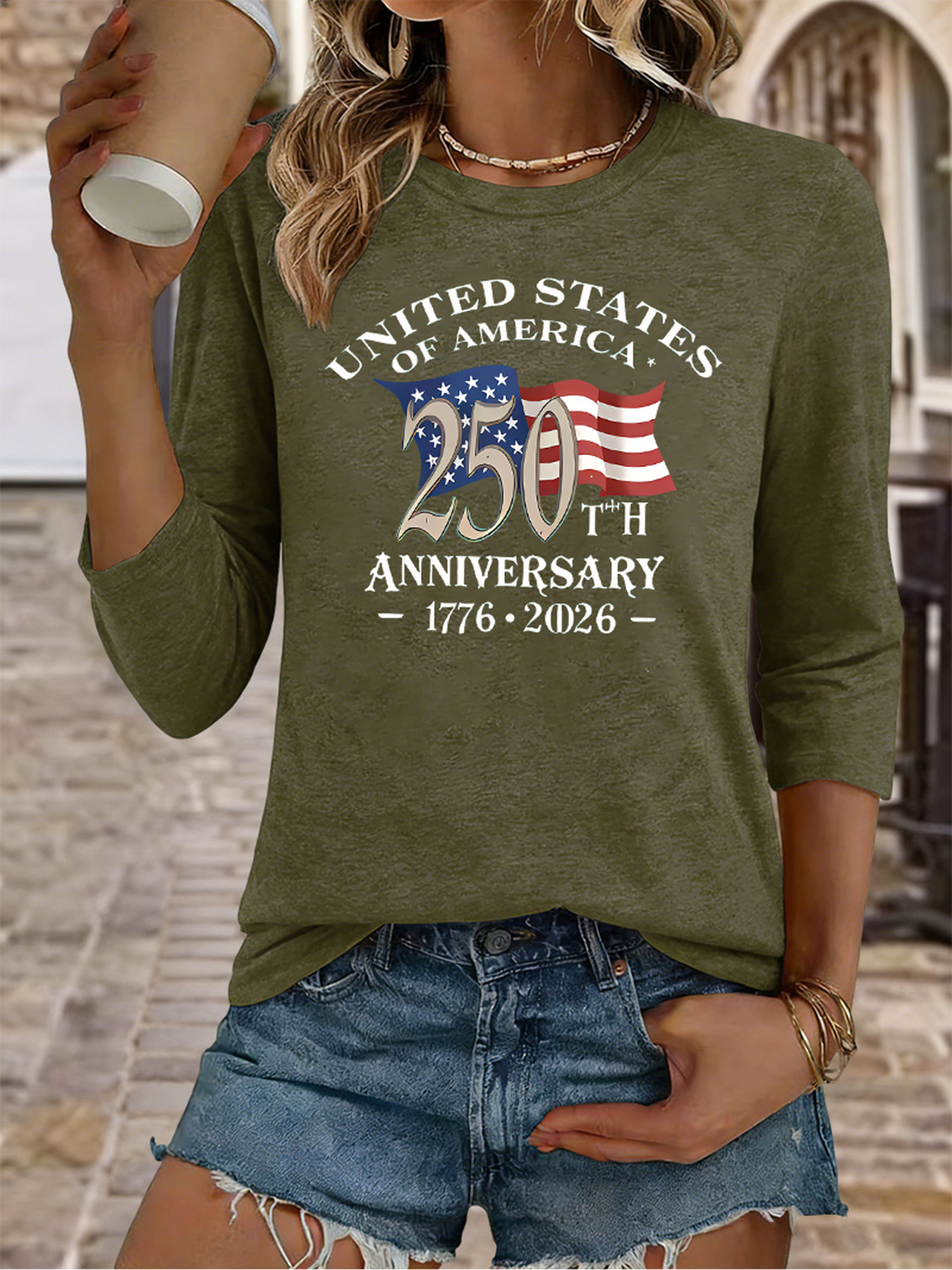 Women's USA 250th Anniversary 1776-2026 Flag Print 3/4 Sleeve Casual T-Shirt