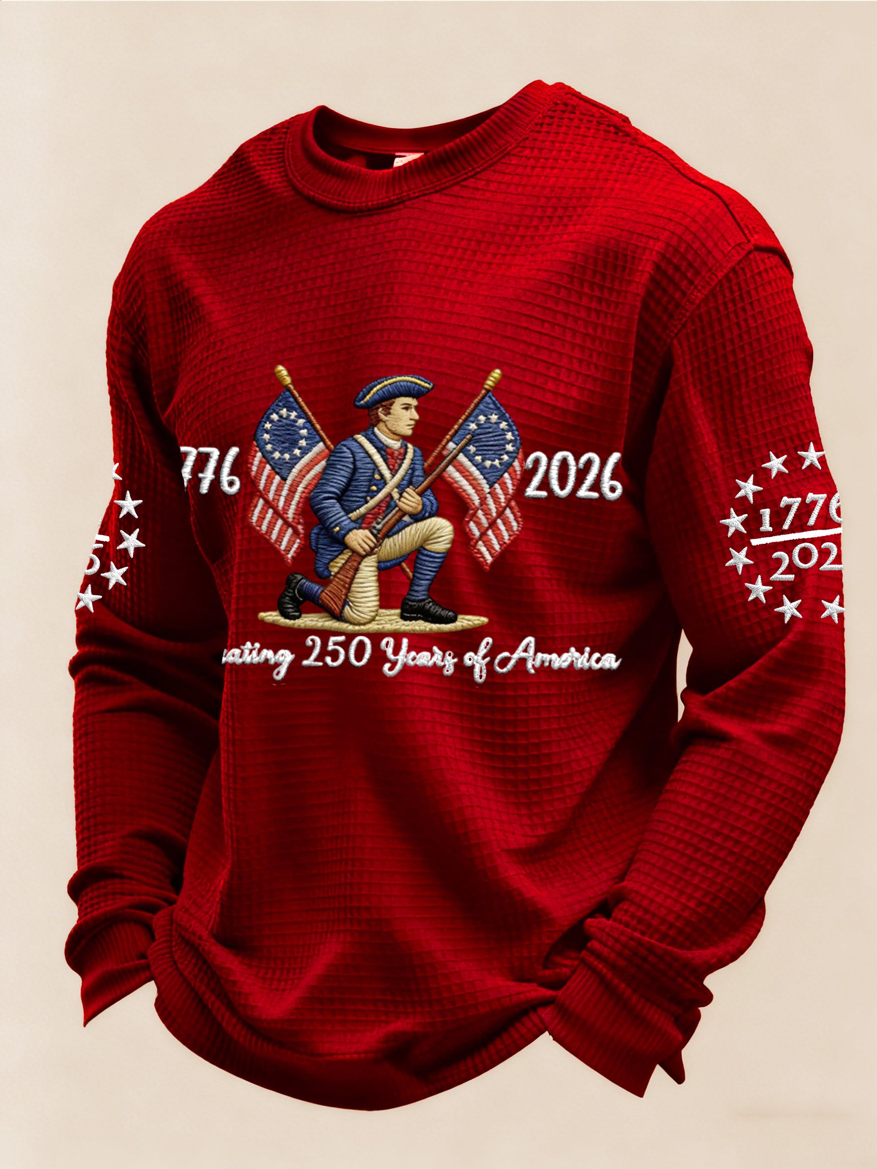 Men’s USA 250th Anniversary Waffle Knit Sweatshirt – 1776-2026 Patriotic Embroidered Pullover