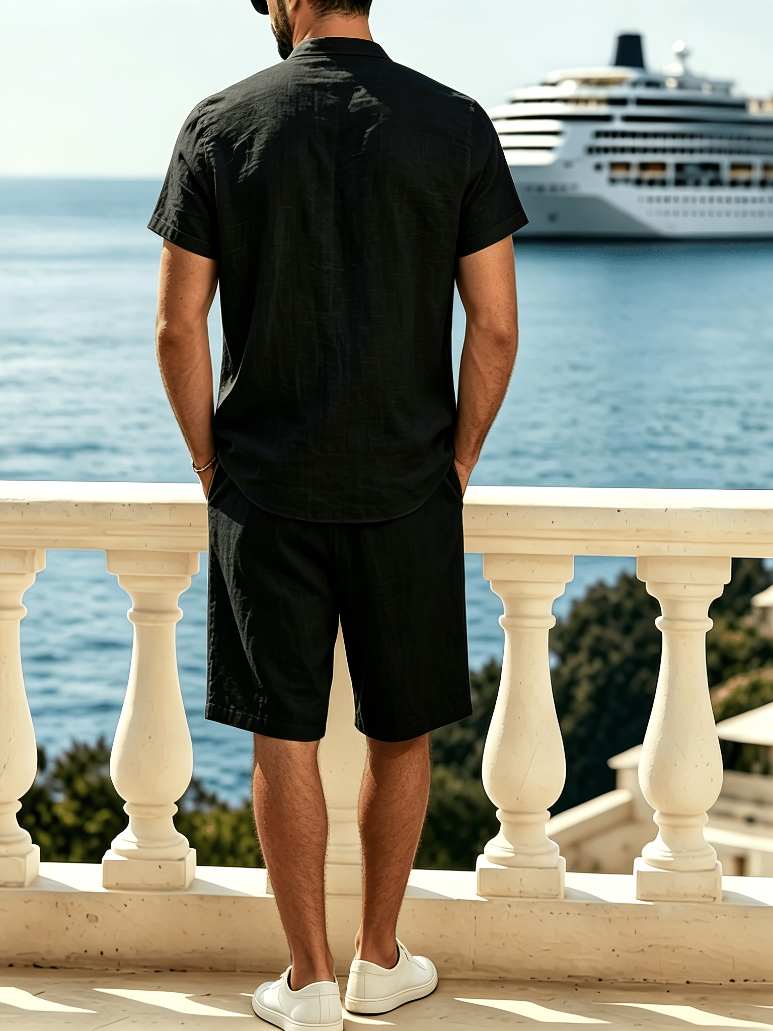 Men’s linen two-piece summer set: short-sleeved shirt with a stand-up collar paired with shorts with an elastic waistband