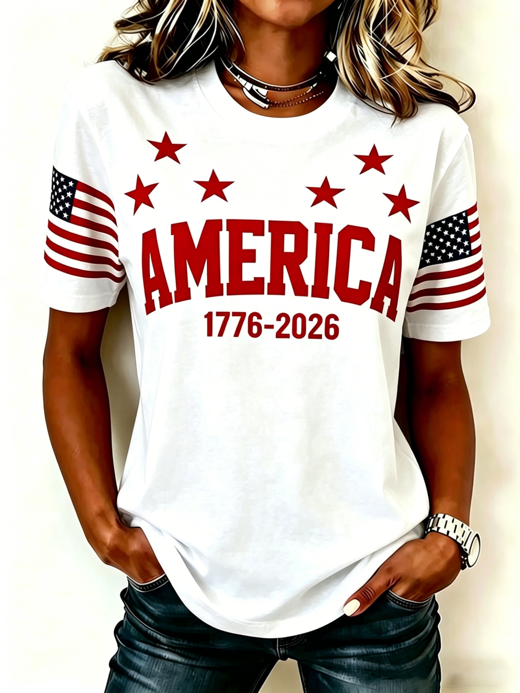 Retro USA Flag Sleeve Tee – "AMERICA 1776-2026" Text with Star Detail, Crew Neck Casual Top