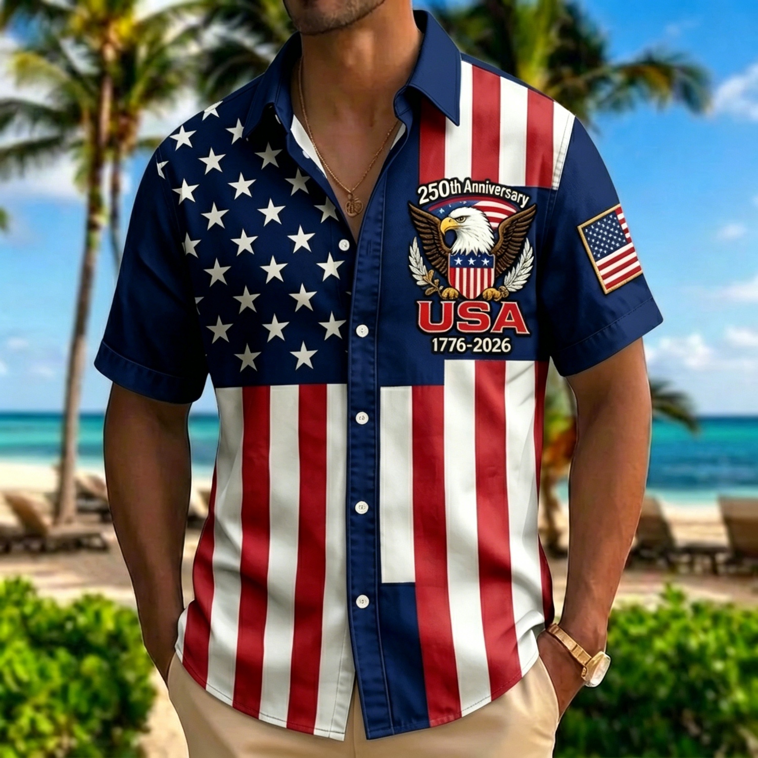Retro Star & Stripe USA Eagle Hawaiian Shirt – Distressed Denim Flag Design with 1776-2026 Patch, Beach Vacation Top