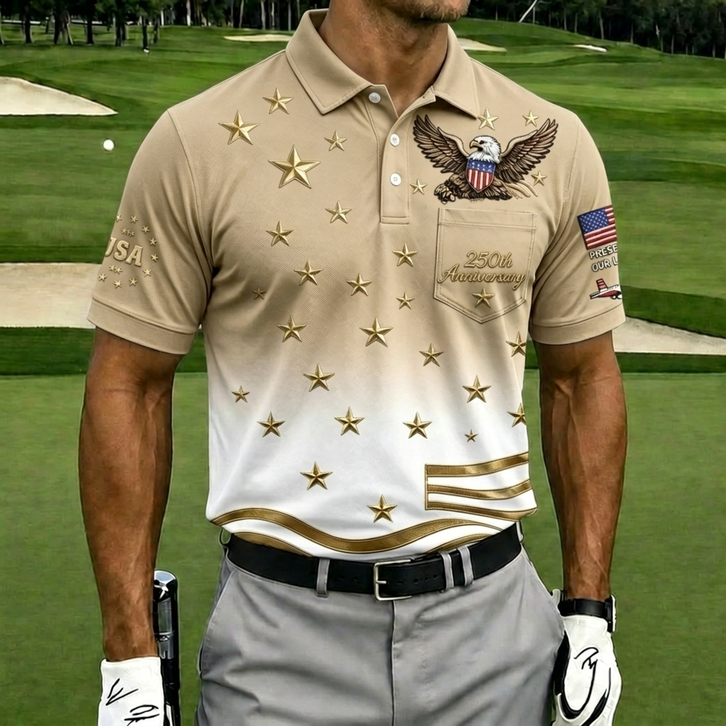 USA 250th Anniversary Patriotic Eagle Golf Polo Shirt, Men's Casual Top with Gradient Gold Star Print