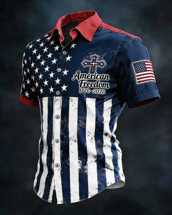 American Freedom 1776-2026 Button-Down Shirt – Distressed American Flag Print with Patriotic Cross, Short Sleeve Casual Top