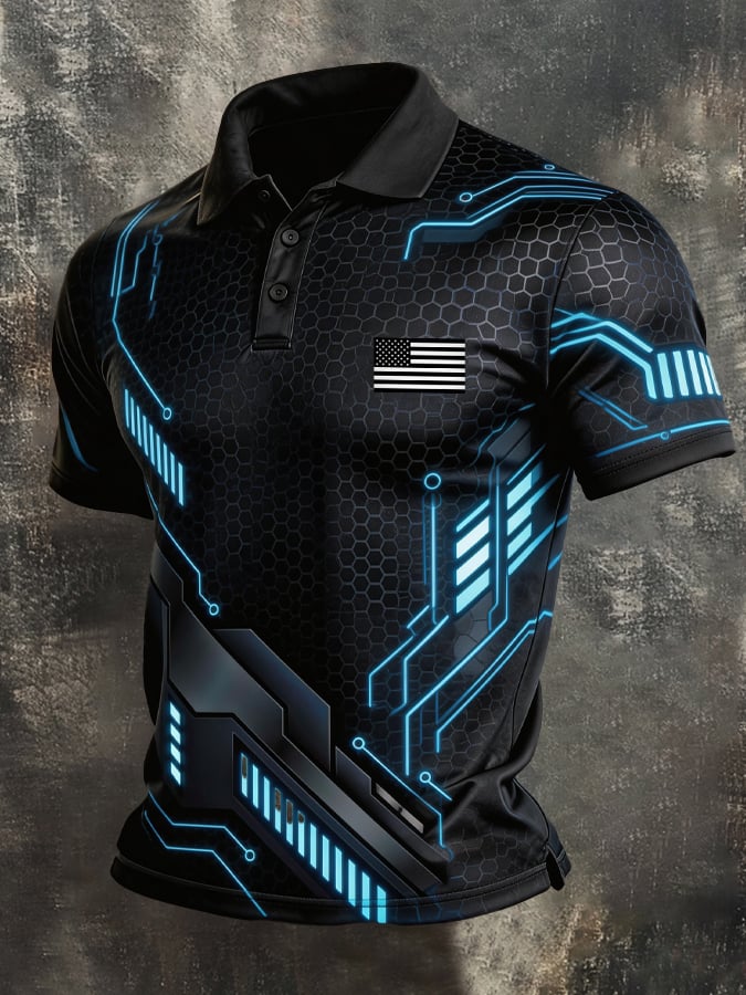 Men’s Futuristic Tech USA Flag Performance Polo Shirt – Black Hex Pattern Golf Top