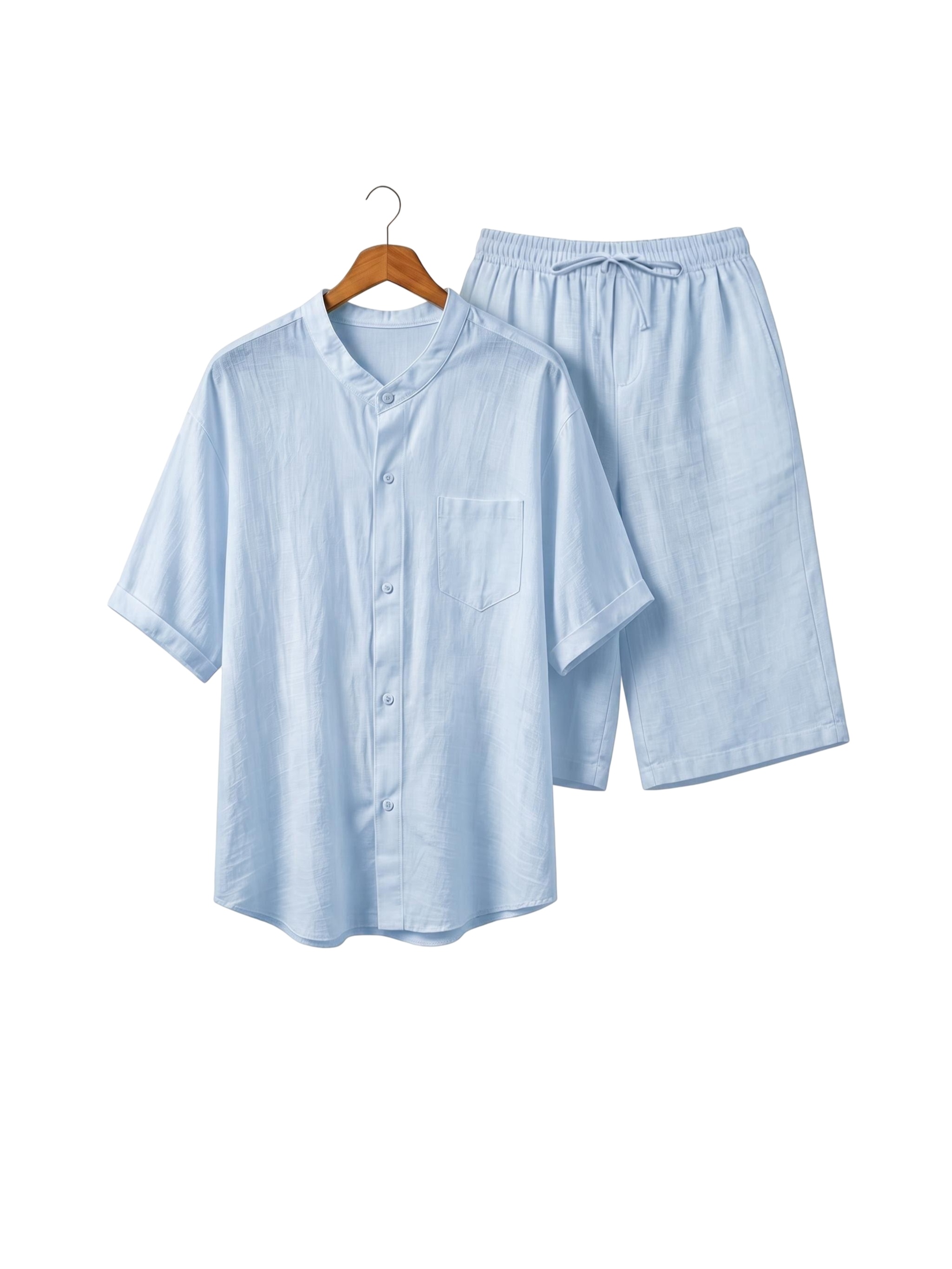 Men’s linen two-piece summer set: short-sleeved shirt with a stand-up collar paired with shorts with an elastic waistband
