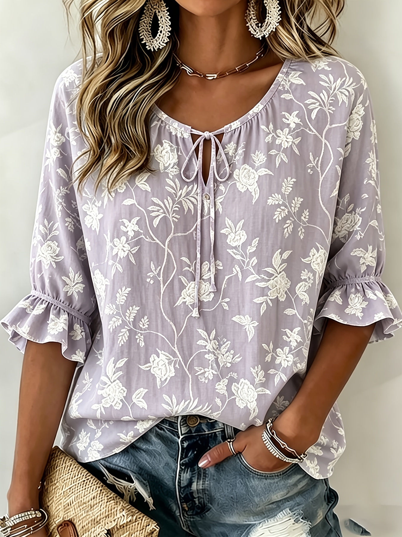 Women's Vintage Floral Print Tie Keyhole Neck Blouse, 3/4 Flounce Ruffle Sleeve Loose Lightweight Casual Daily Top