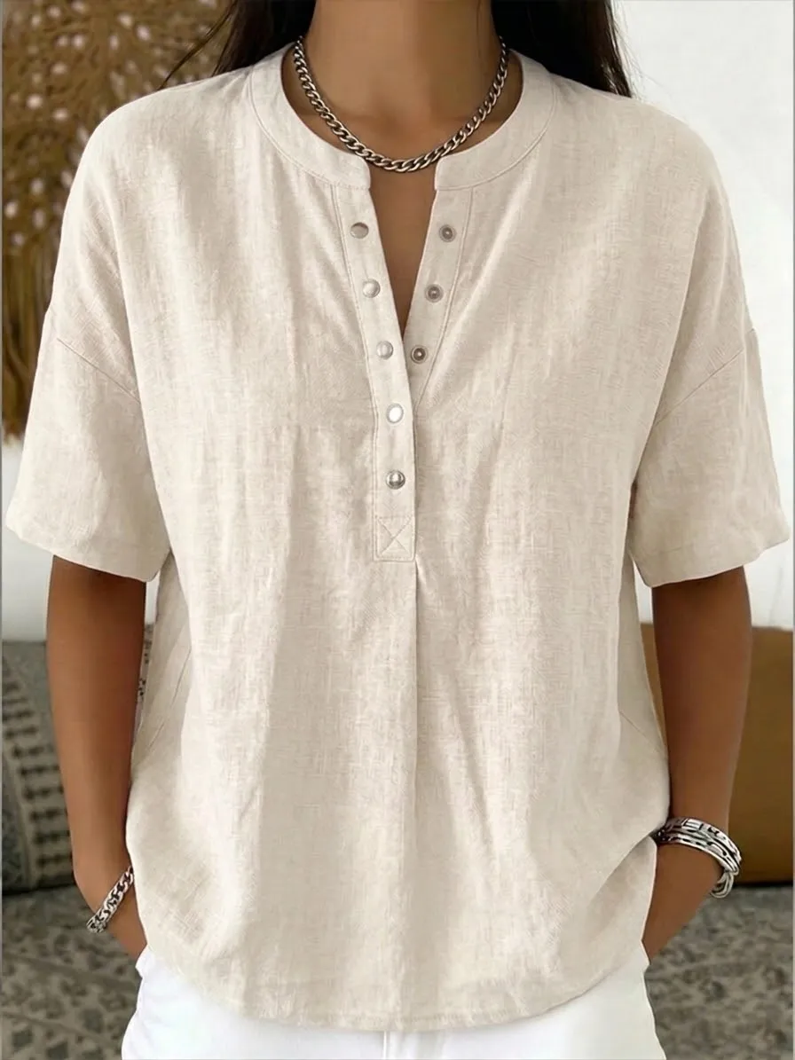 New Arrivals🔥 Women’s Casual Henley Collar Linen And Cotton Short-sleeve Shirt
