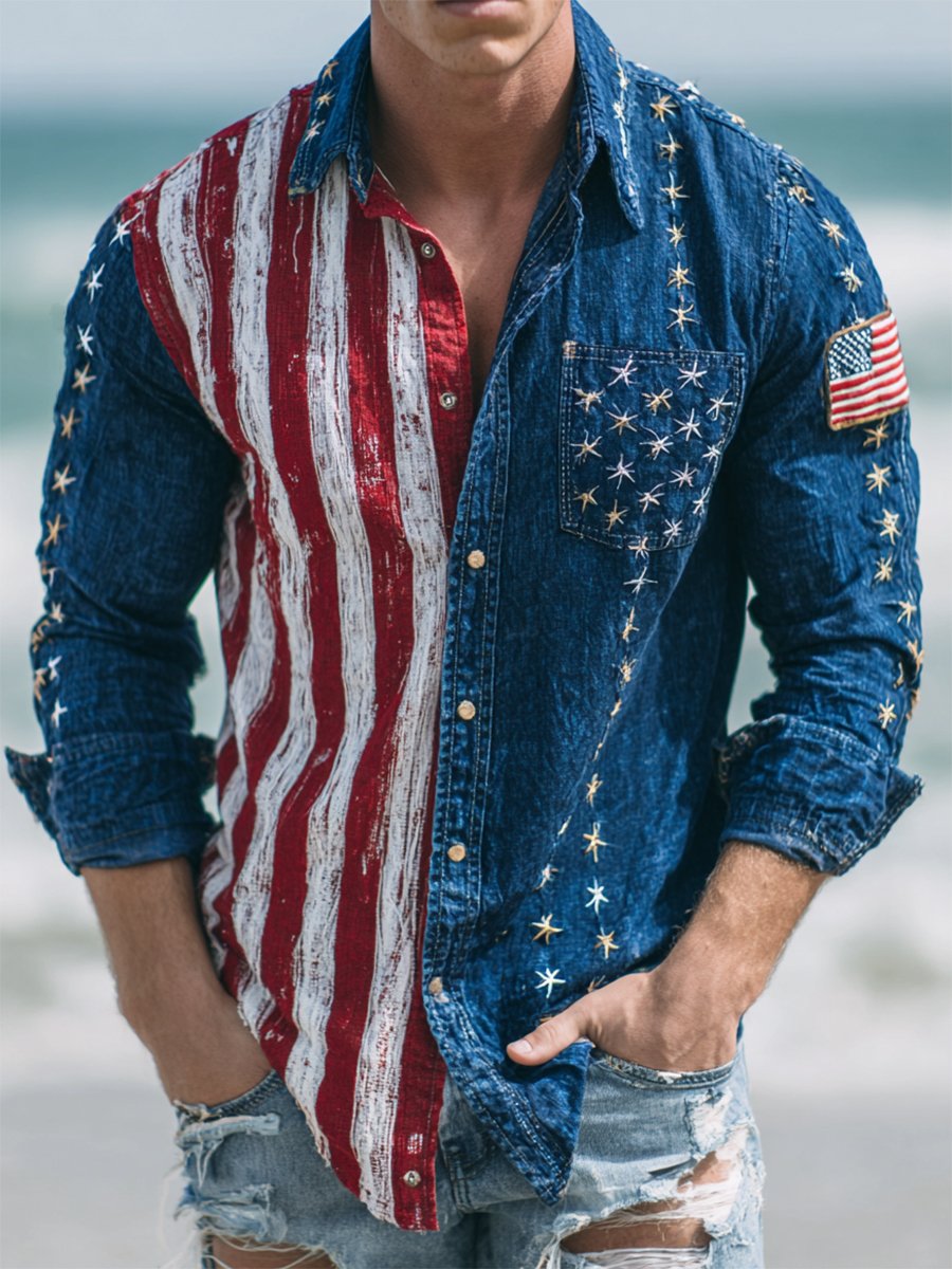 Men’s Vintage American Flag Denim Shirt – Star Embroidered Patriotic Long Sleeve Button-Down