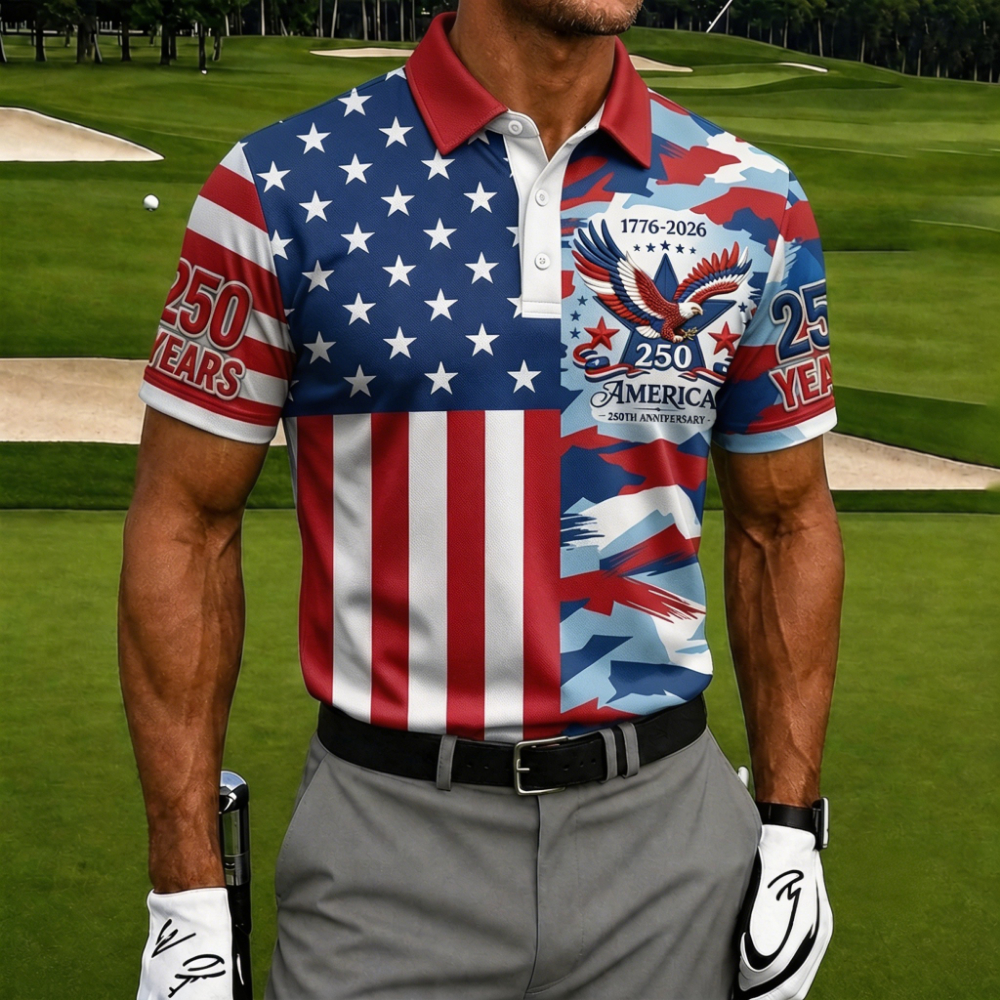 USA 250th Anniversary Camo & Flag Golf Polo Shirt – Split Design American Eagle Print, Patriotic Quick Dry Short Sleeve Casual Top