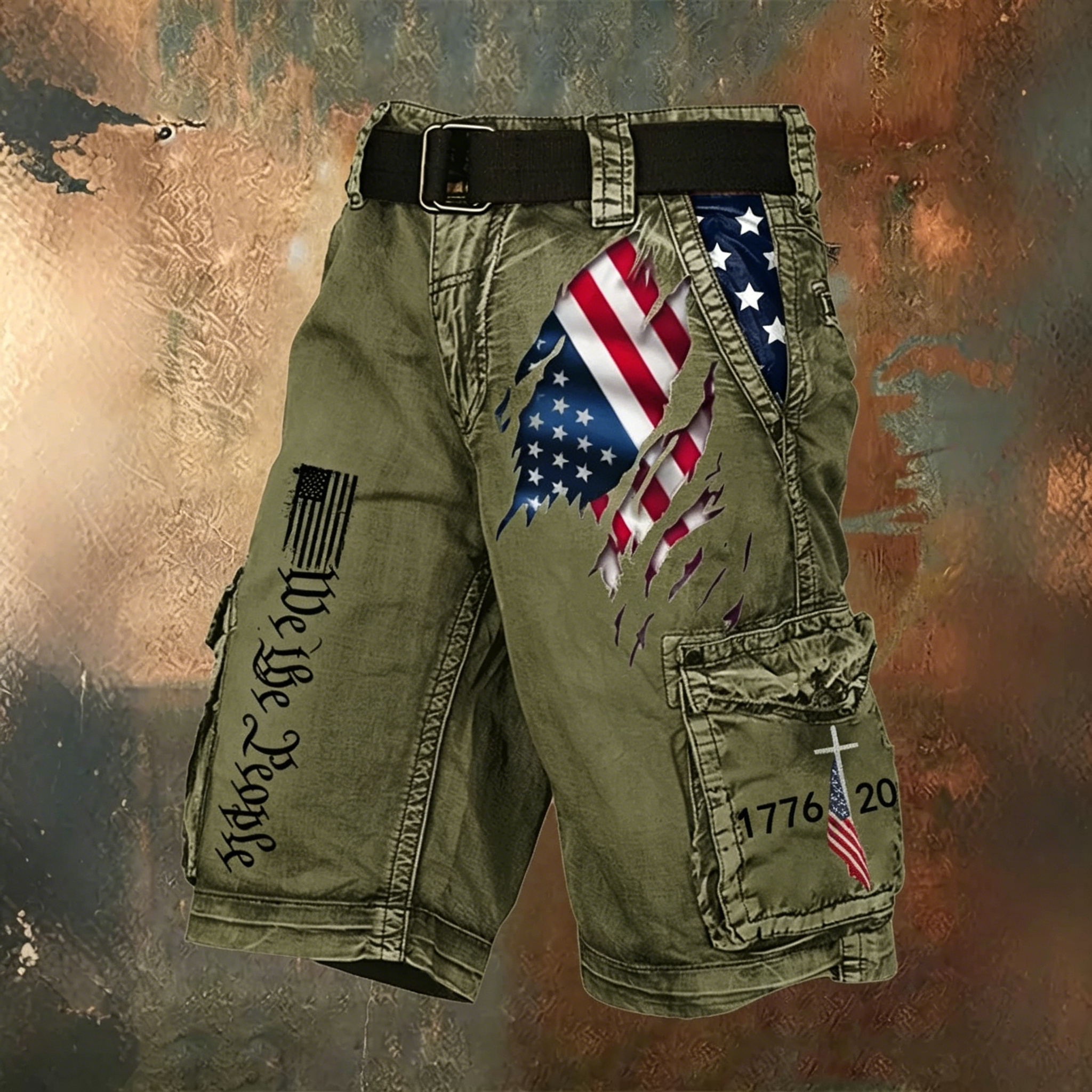 [Copy]Men's Retro Independence Day Flag Print Cargo Shorts