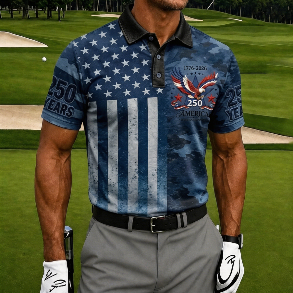 USA 250th Anniversary Camo & Flag Golf Polo Shirt – Split Design American Eagle Print, Patriotic Quick Dry Short Sleeve Casual Top