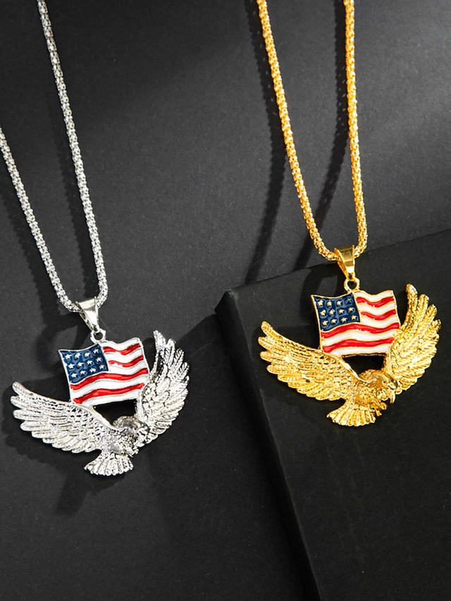 American Flag Eagle Pendant Necklace – Gold/Silver Plated Patriotic Jewelry, USA Pride Waving Flag & Bald Eagle