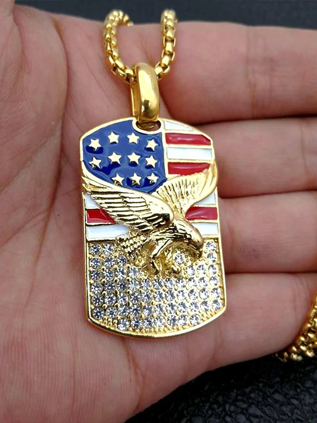 American Flag Eagle Dog Tag Necklace – Gold Plated Patriotic Pendant with Crystal Accents, USA Pride Jewelry