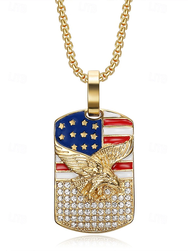 American Flag Eagle Dog Tag Necklace – Gold Plated Patriotic Pendant with Crystal Accents, USA Pride Jewelry