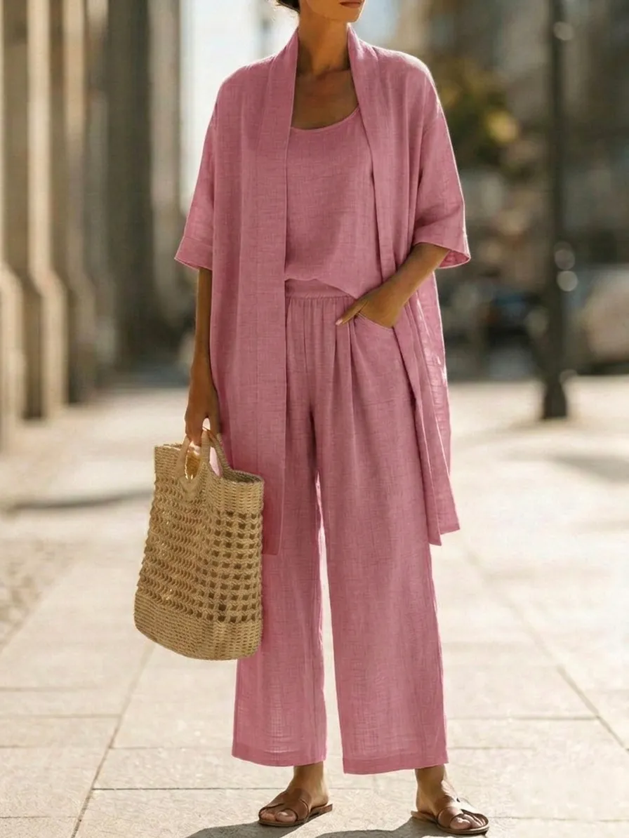 Women’s Linen-Blend 3-Piece Outfit Set – Sleeveless Tank, Open Cardigan & Wide-Leg Pants