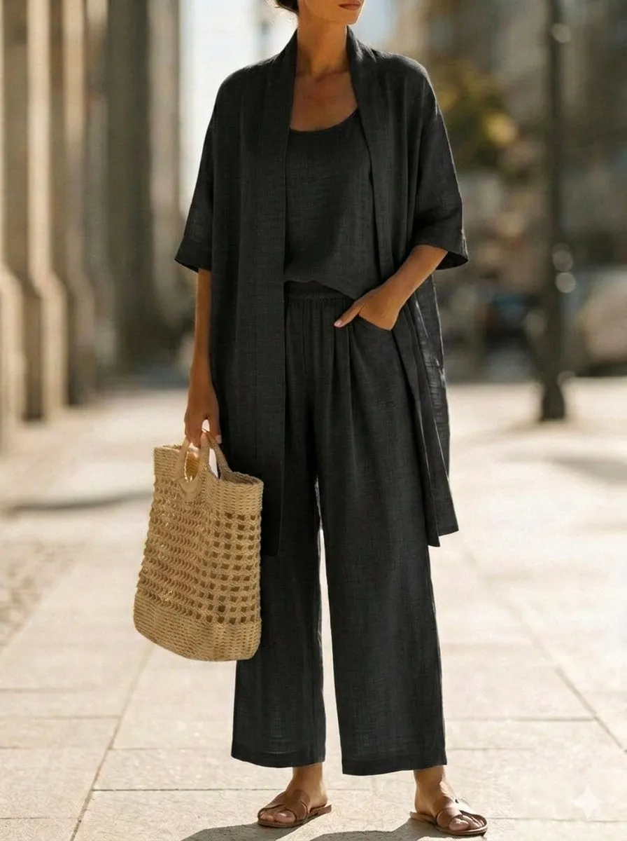 Women’s Linen-Blend 3-Piece Outfit Set – Sleeveless Tank, Open Cardigan & Wide-Leg Pants