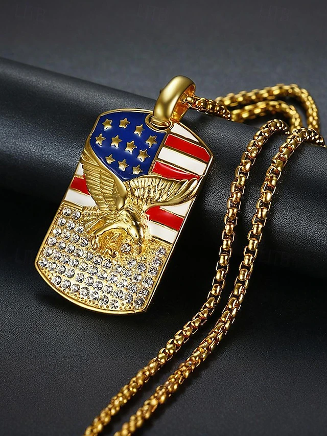 American Flag Eagle Dog Tag Necklace – Gold Plated Patriotic Pendant with Crystal Accents, USA Pride Jewelry