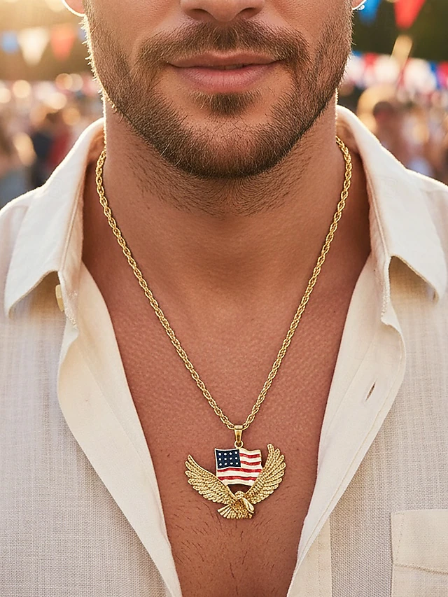 American Flag Eagle Pendant Necklace – Gold/Silver Plated Patriotic Jewelry, USA Pride Waving Flag & Bald Eagle