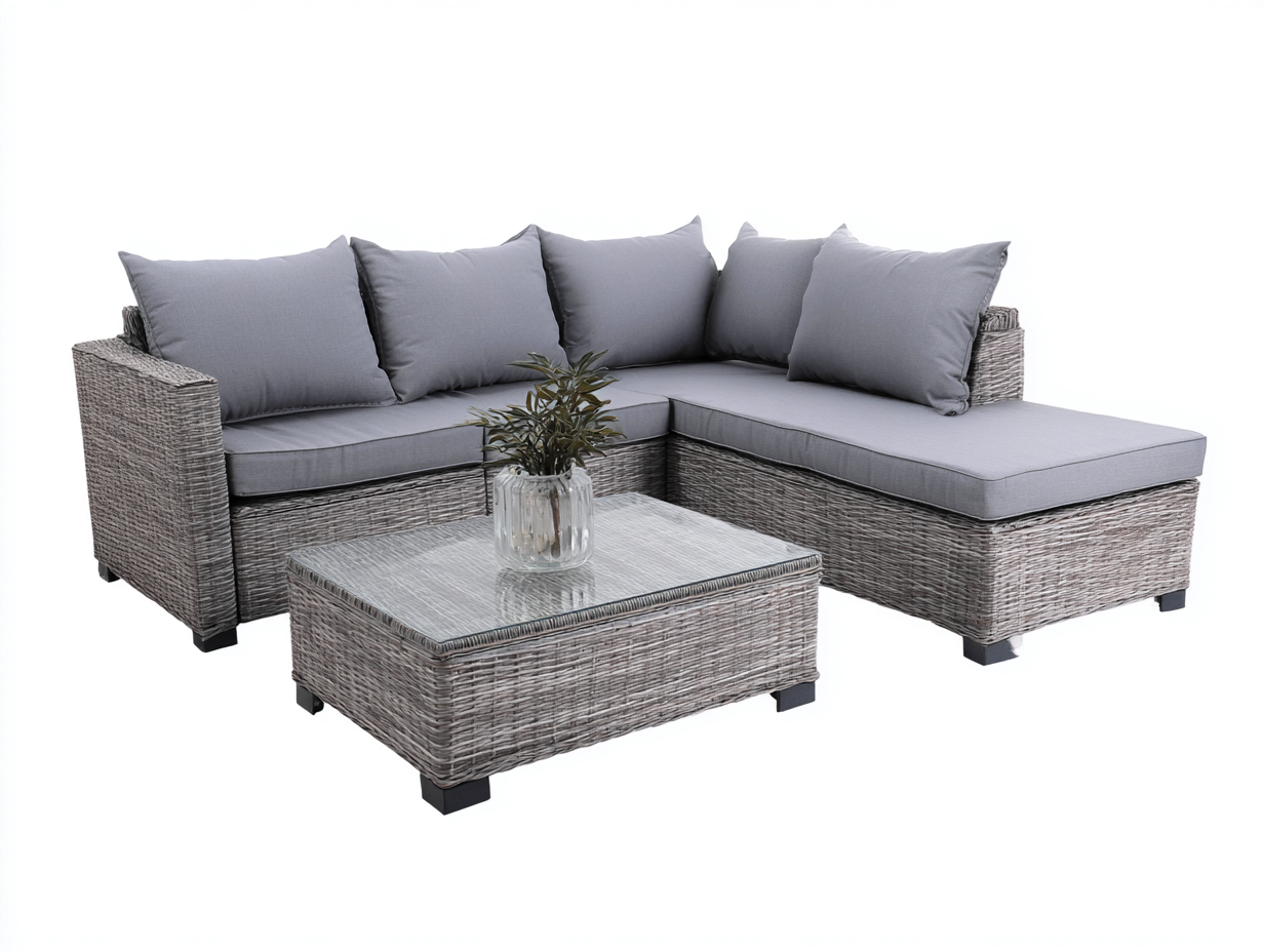 Canapé de jardin en rotin avec table 210x160x75 cm - gris et beige - design moderne adapté au jardin extérieur-Soliniahouse