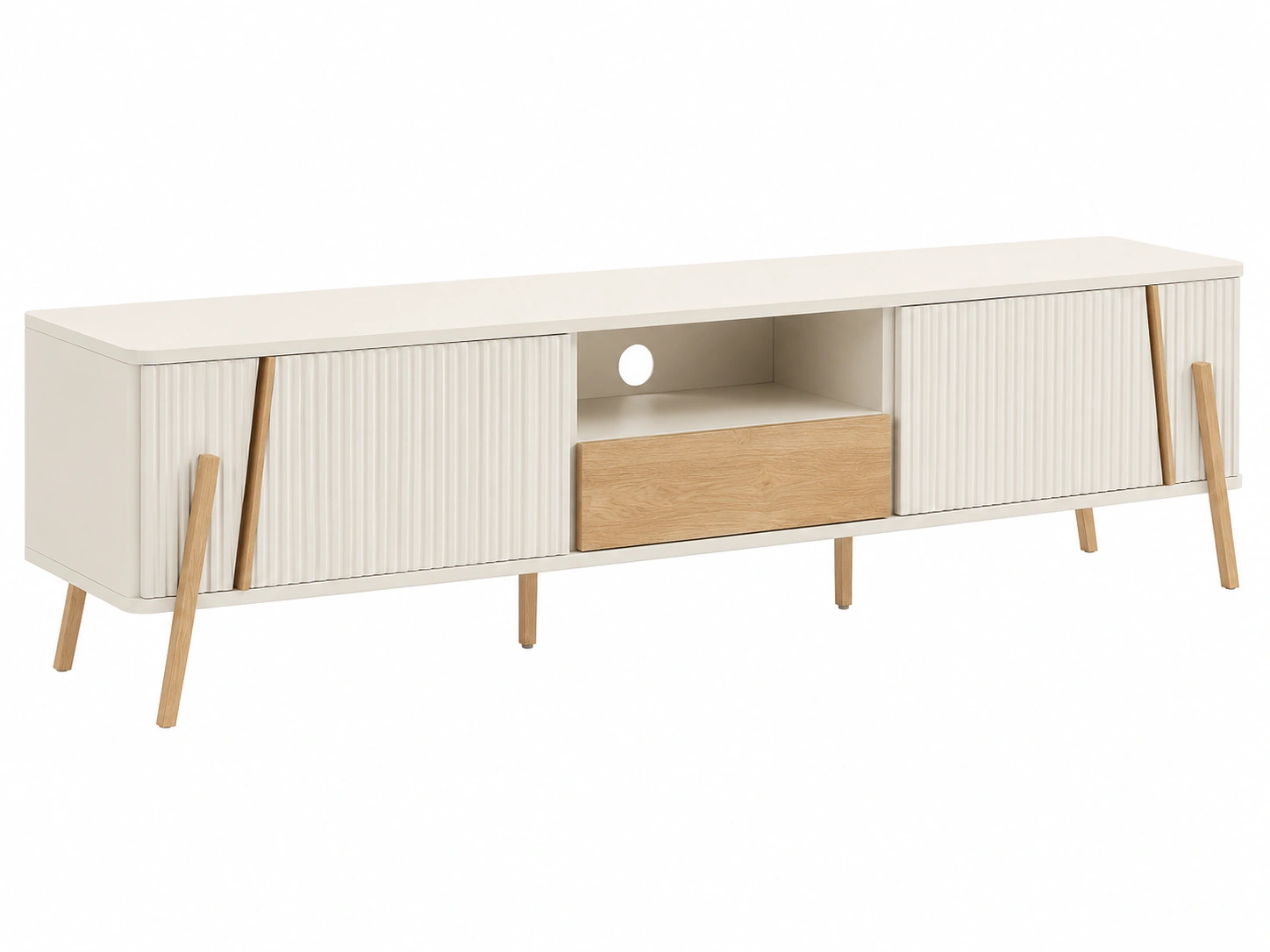 Mueble TV Moderno Beige Claro con Puertas Ranuradas y Madera Natural-vanselora
