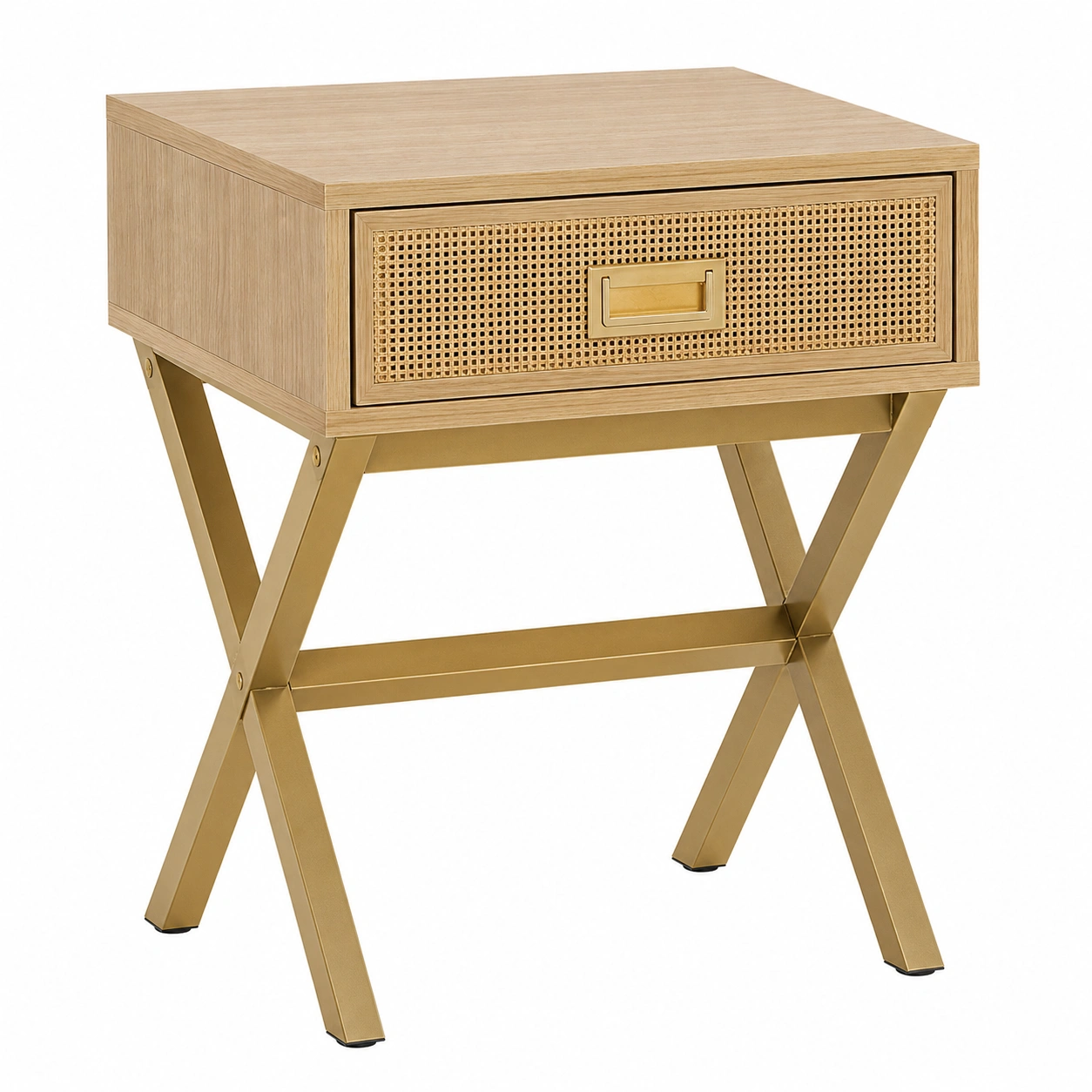 Mesita de Noche Natural con Cajon de Rejilla y Base Dorada-vanselora