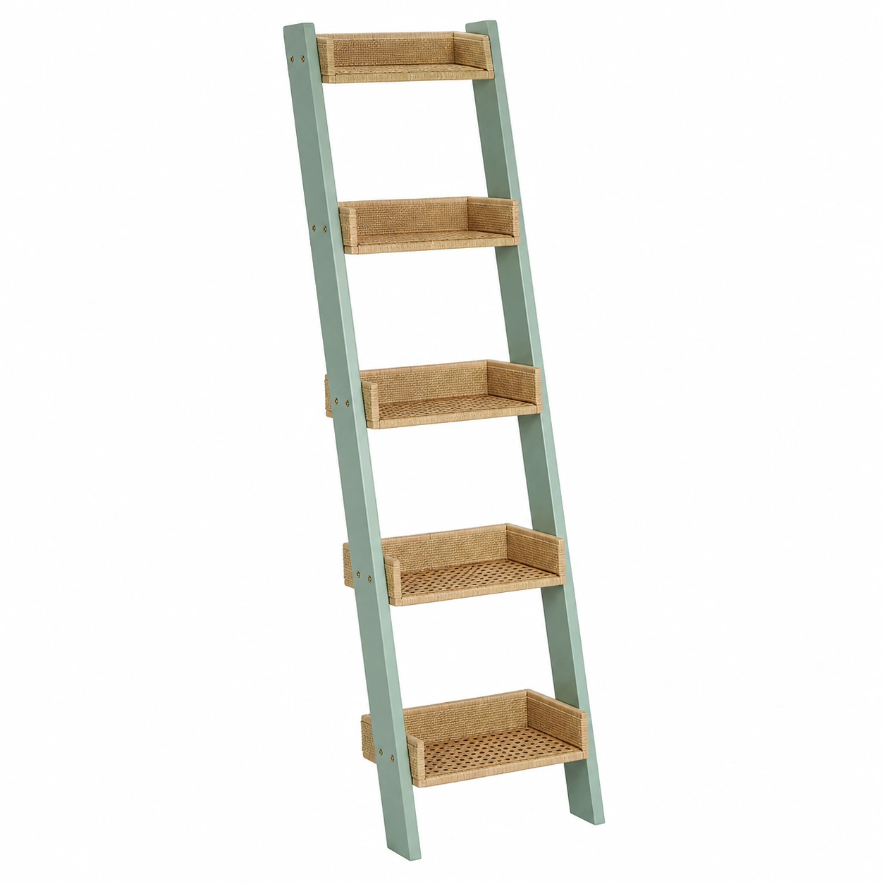 Estanteria Escalera Verde Agua con Bandejas de Ratan-vanselora