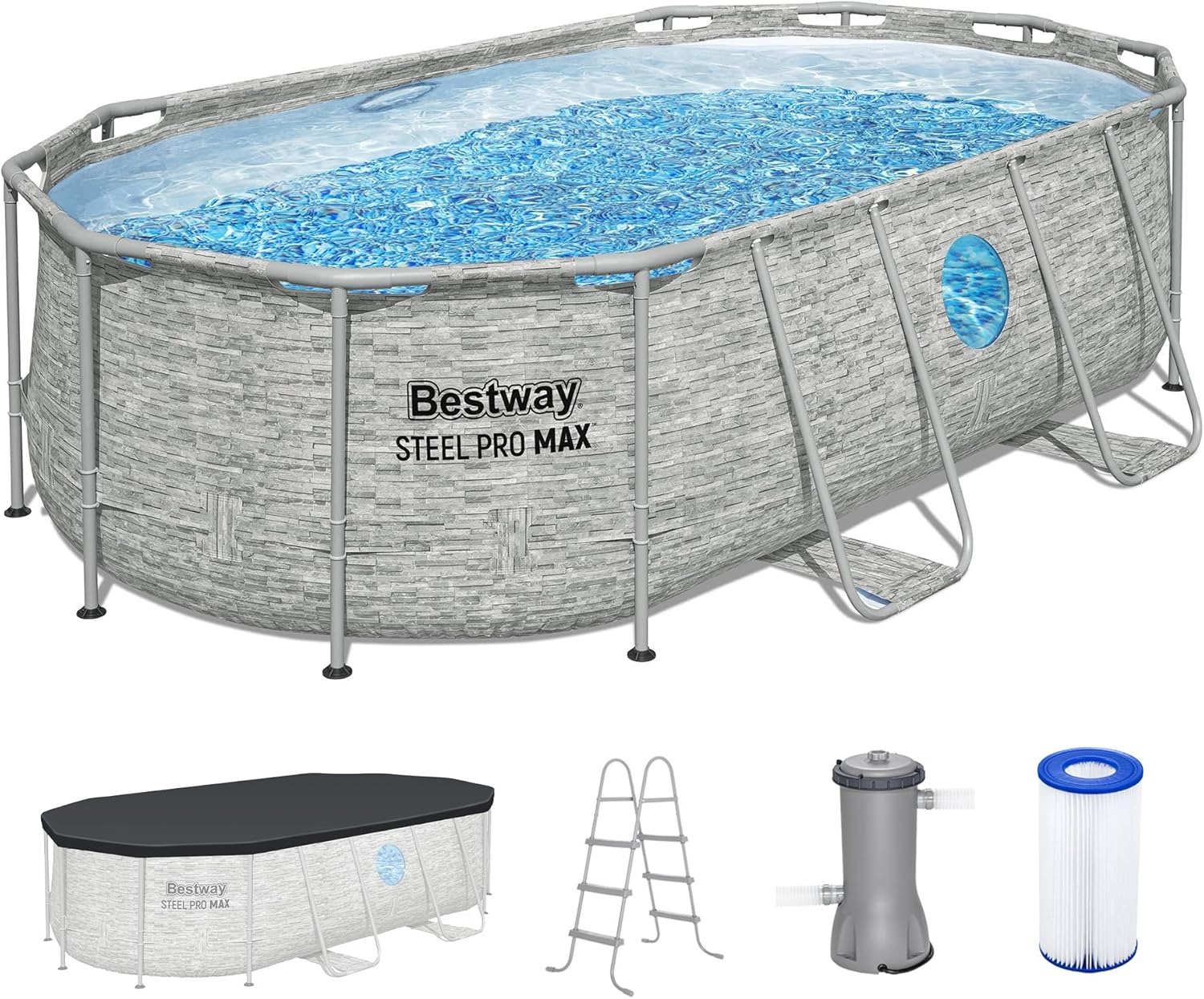 Bestway Power Steel Swim Vista Series Juego de Piscina Ovalada de 14 pies x 8 pies 2 Pulgadas x 39.5 Pulgadas