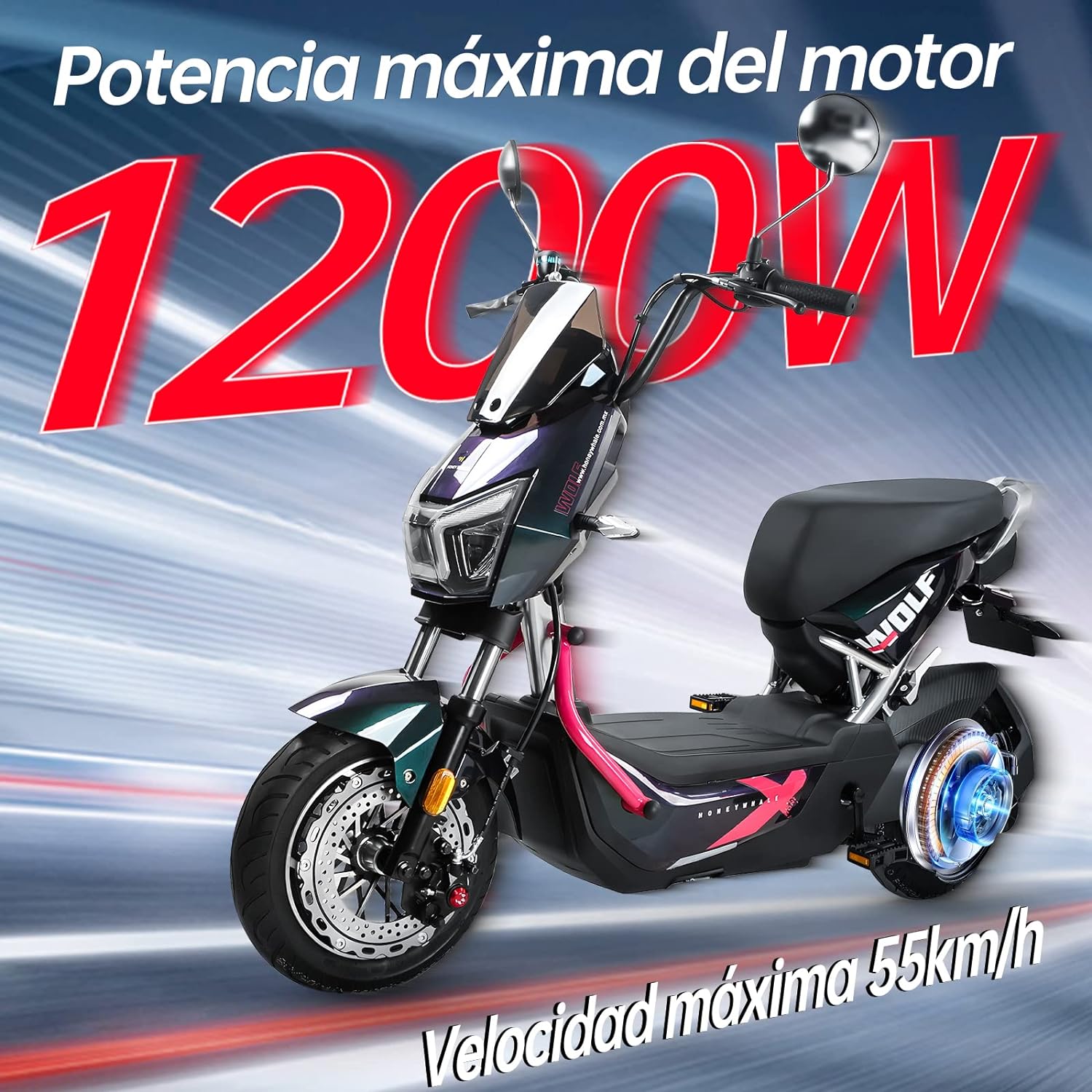 Wolf Bicicleta Electrica para Adultos, Bicimoto Eléctrica con Alarma, Máxima del Motor 1200W, Velocidad Máxima 55KM/H, Autonomía 50-55KM, Batería (72V, 20AH), Emite 7 Colores de luz