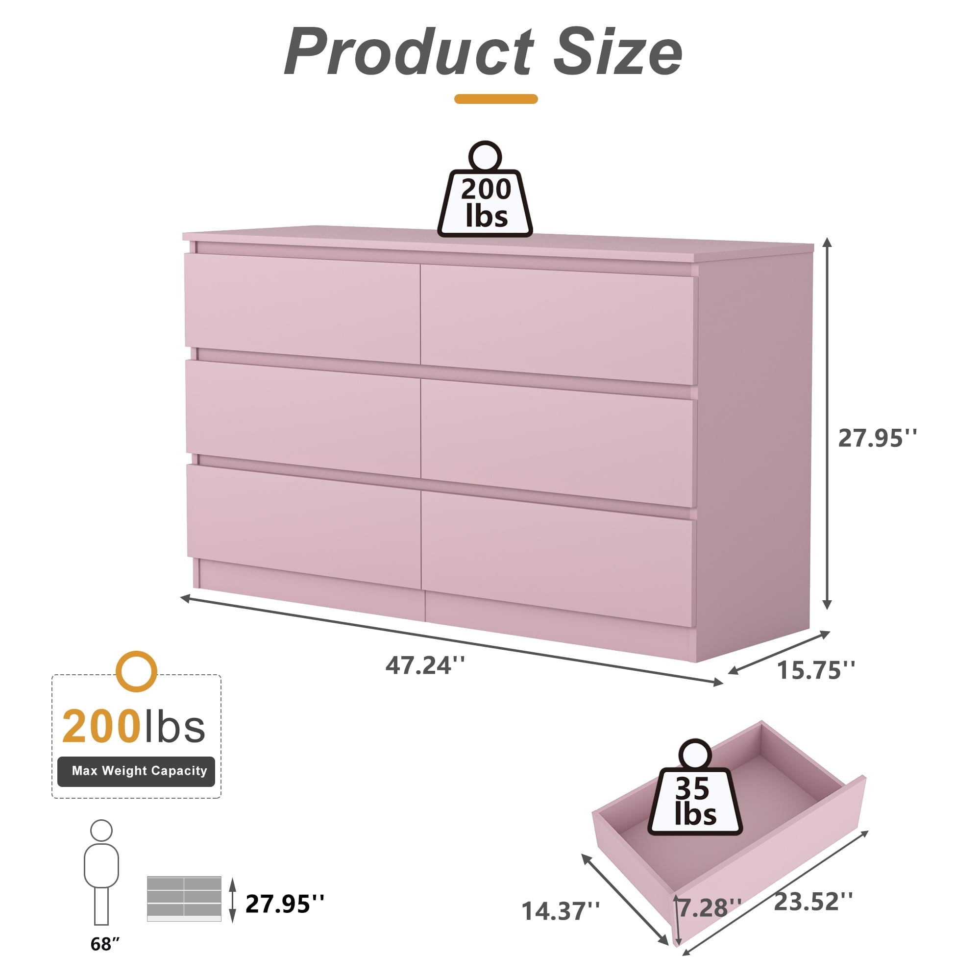 Cómoda 6 Cajón Nordica 120x69x45 cm Blanco/Rosa