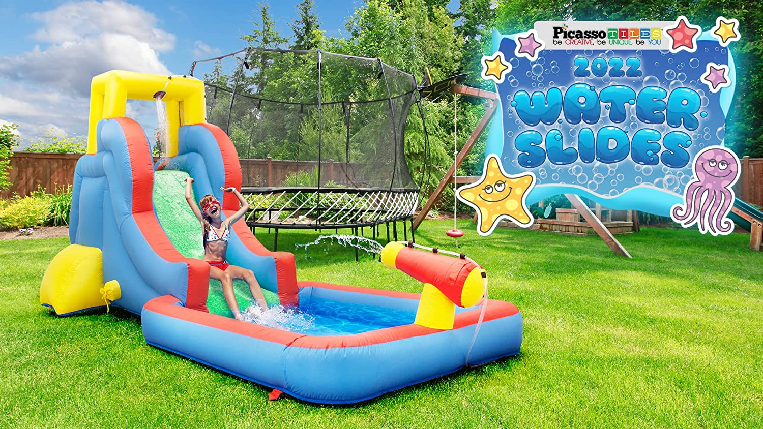 PicassoTiles KC108 - Casa inflable con area de piscina (zona de salpicadura), pared de escalada, soportes de rociadores de cabezal de ducha, montaje de canon de agua y soplador de 385 W certificado GFCI ETL-taza de agua