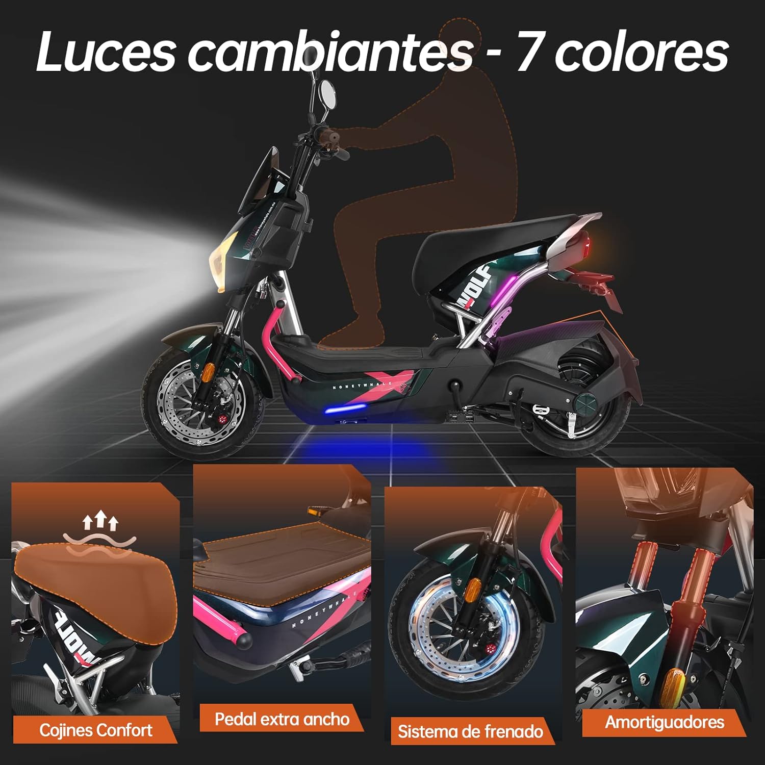 Wolf Bicicleta Electrica para Adultos, Bicimoto Eléctrica con Alarma, Máxima del Motor 1200W, Velocidad Máxima 55KM/H, Autonomía 50-55KM, Batería (72V, 20AH), Emite 7 Colores de luz
