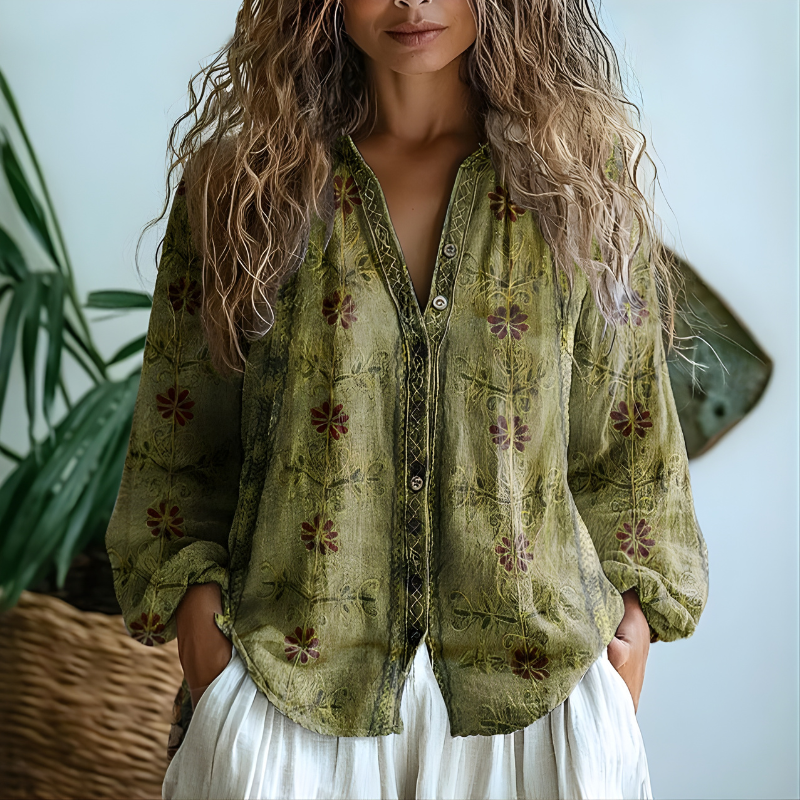 Damen Vintage-Bluse mit Blätter-Print