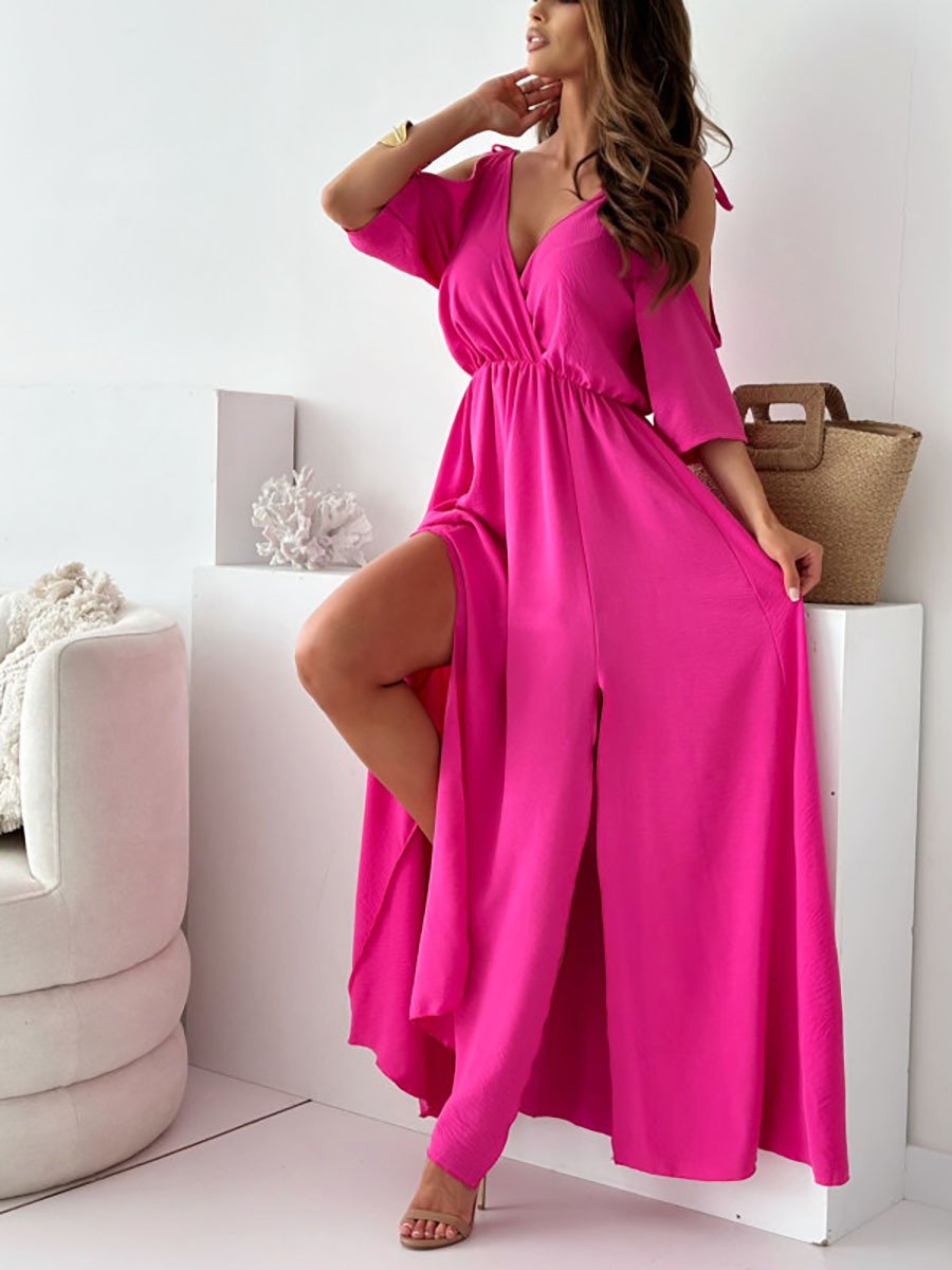 Elegantes Off-Shoulder-Kleid mit V-Ausschnitt und stilvollem Beinschlitz ✨