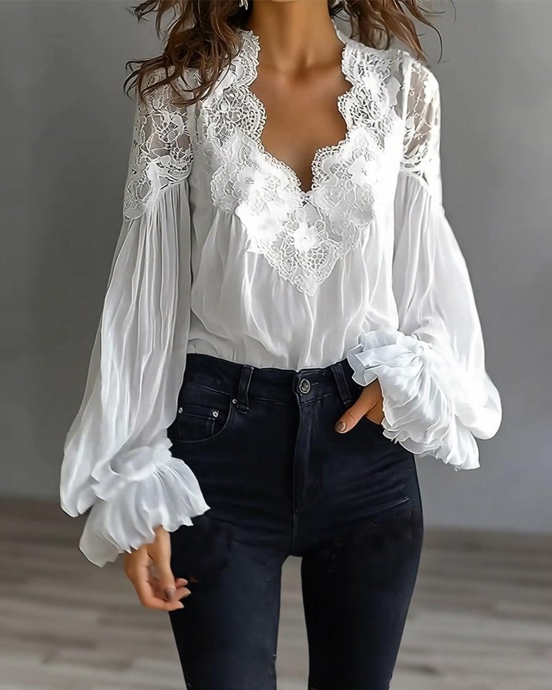 Damen V-Ausschnitt Bluse mit Spitzen-Patchwork