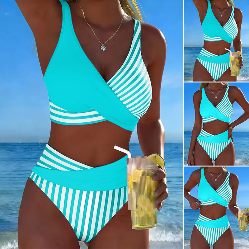 Zweiteiliger, farbenfroher Bikini mit Blöcken und Streifen