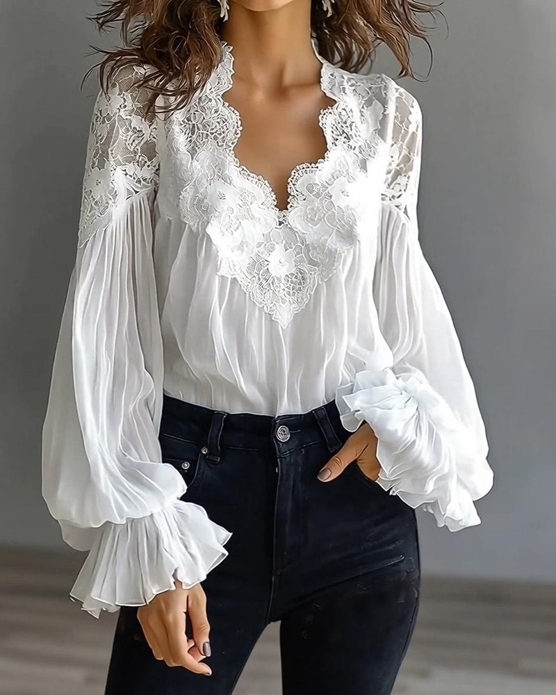 Damen V-Ausschnitt Bluse mit Spitzen-Patchwork