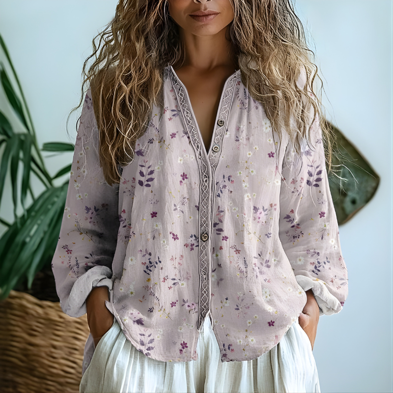 Damen Vintage-Bluse mit Blätter-Print